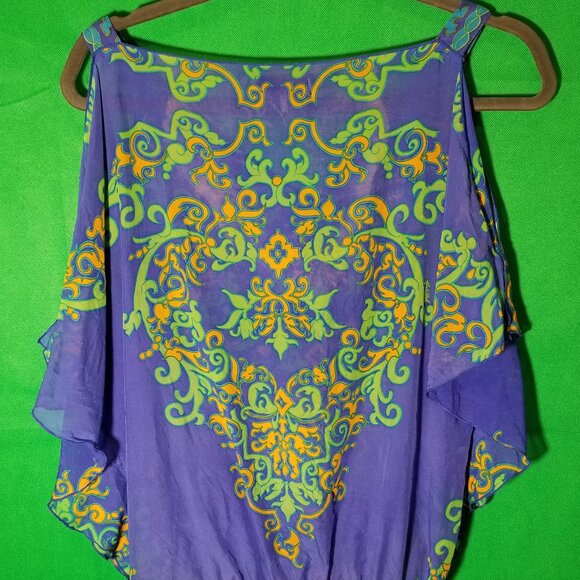 Hale Bob Womens Small Cold Shoulder Blouse Silk Boho Festival Green Blue - Picture 3 of 7